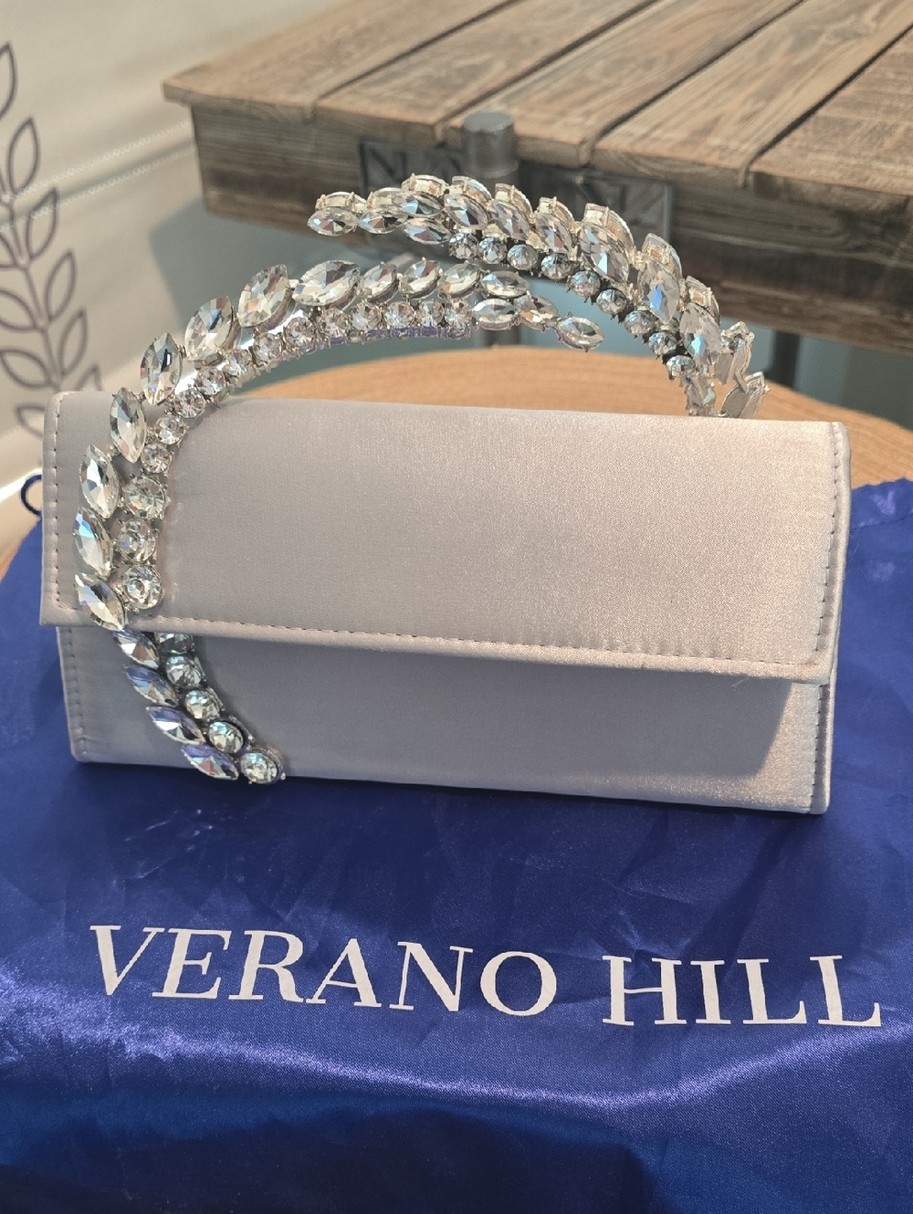 Verano Hill Satin Clutch with Crystal Handle in Silver with Dust Cover